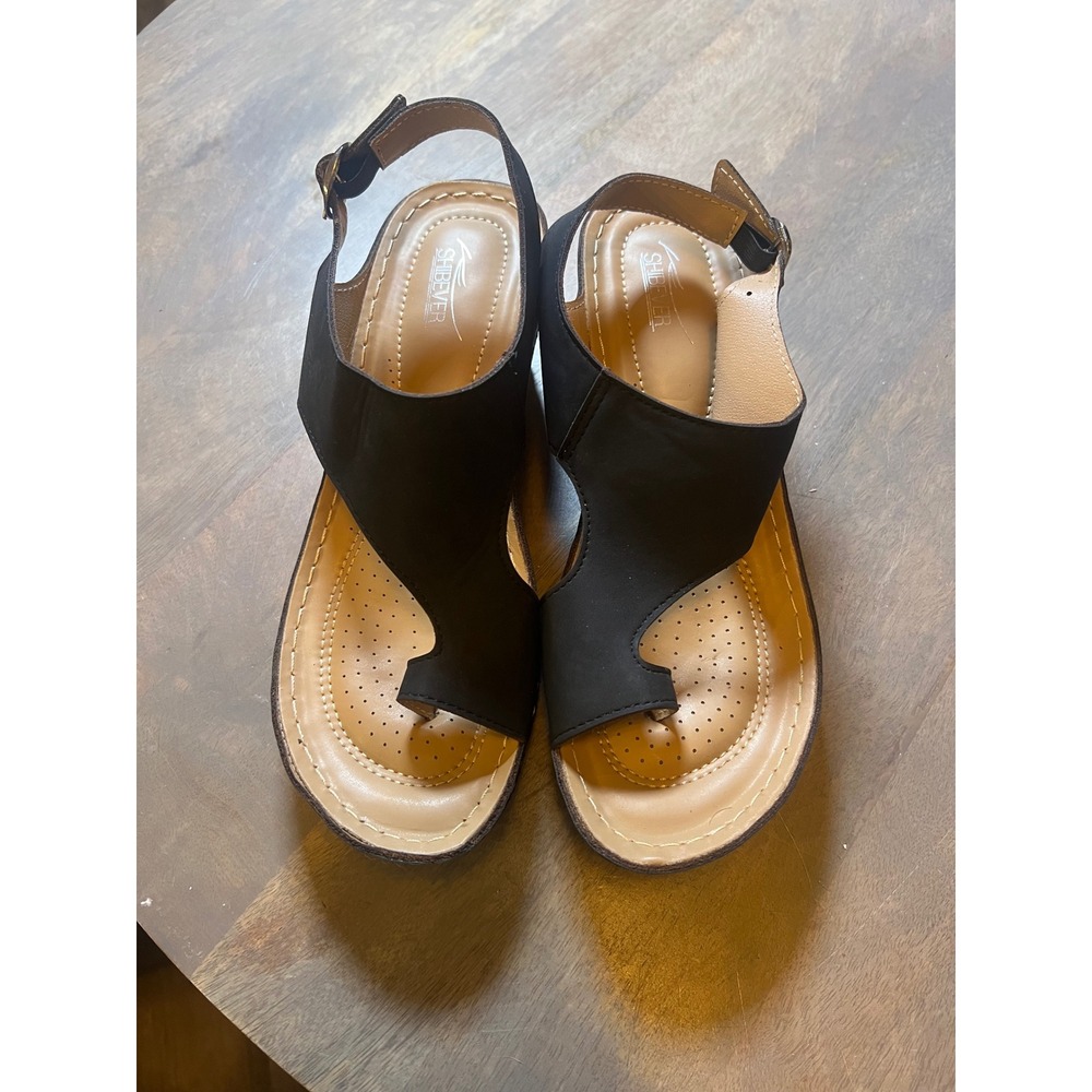SHIBEVER Womens Wedge Sandals Toe Loop Black Size 40